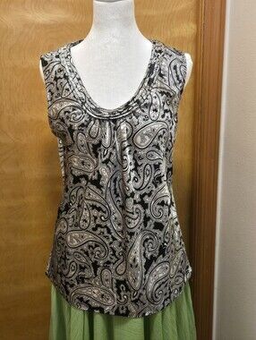Spense Black & Silver Paisley Scoop Neck Tank Top. Size S.